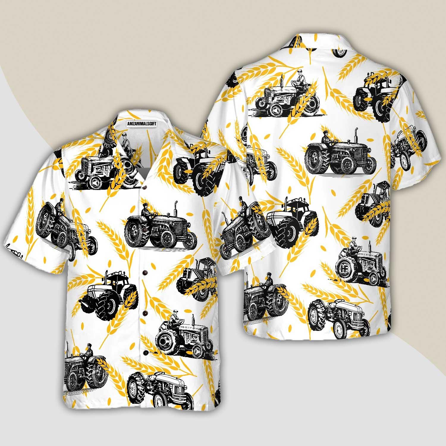 Tractor Hawaiian Shirt, Tractors On Wheat Pattern Aloha Shirt For Men - Perfect Gift For Tractor, Husband, Boyfriend, Family, Friends
