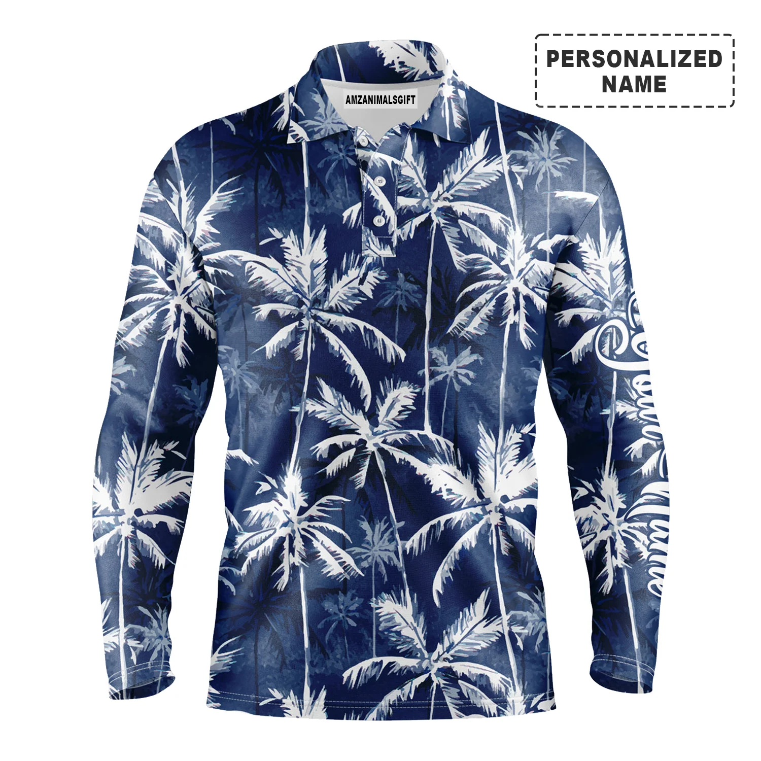Tropical Background Long Sleeve Polo Shirt Customized Name Blue Watercolor Palms Men Apparel, Best Golf Outfit For Men - Image 2