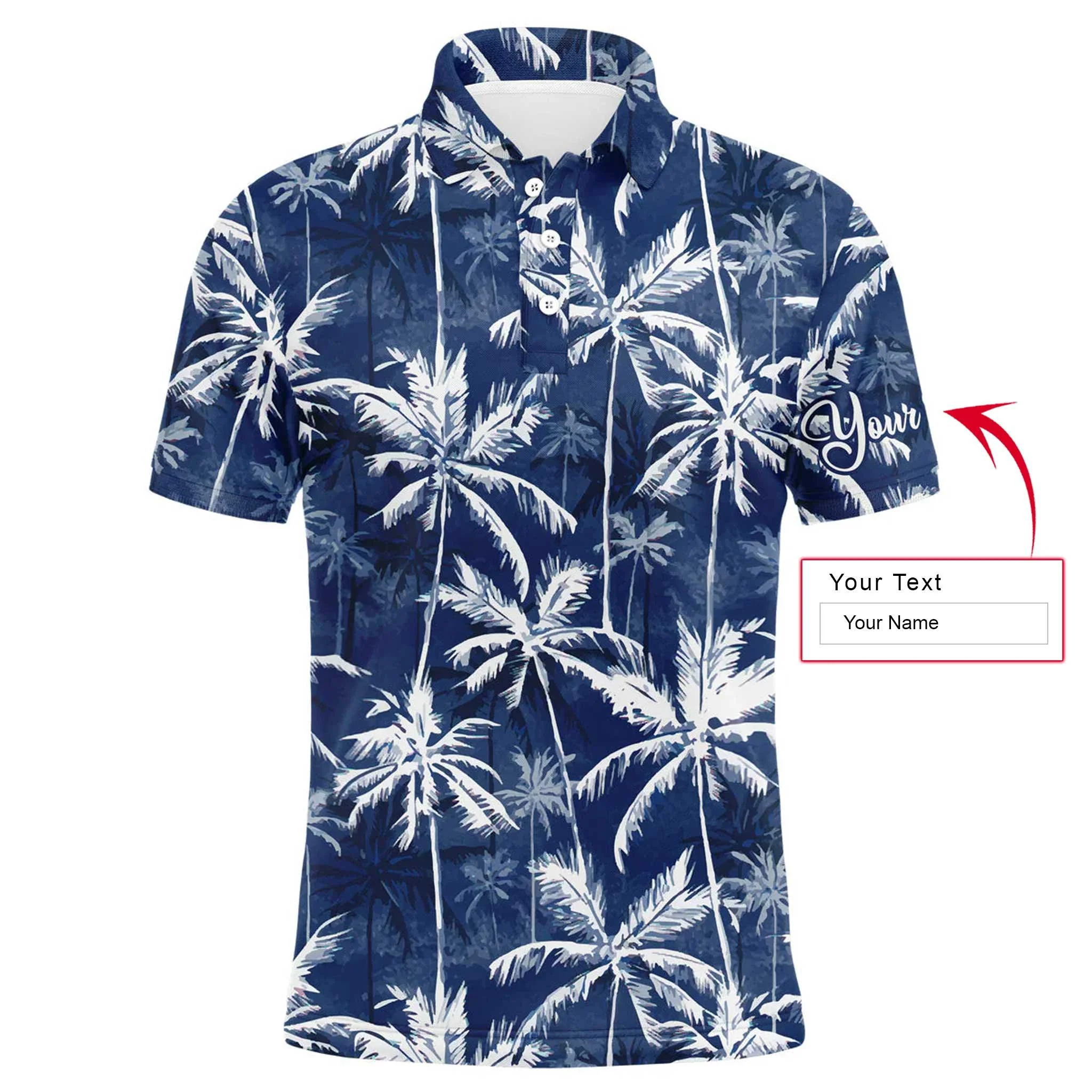 Tropical Background Long Sleeve Polo Shirt Customized Name Blue Watercolor Palms Men Apparel, Best Golf Outfit For Men - Image 3