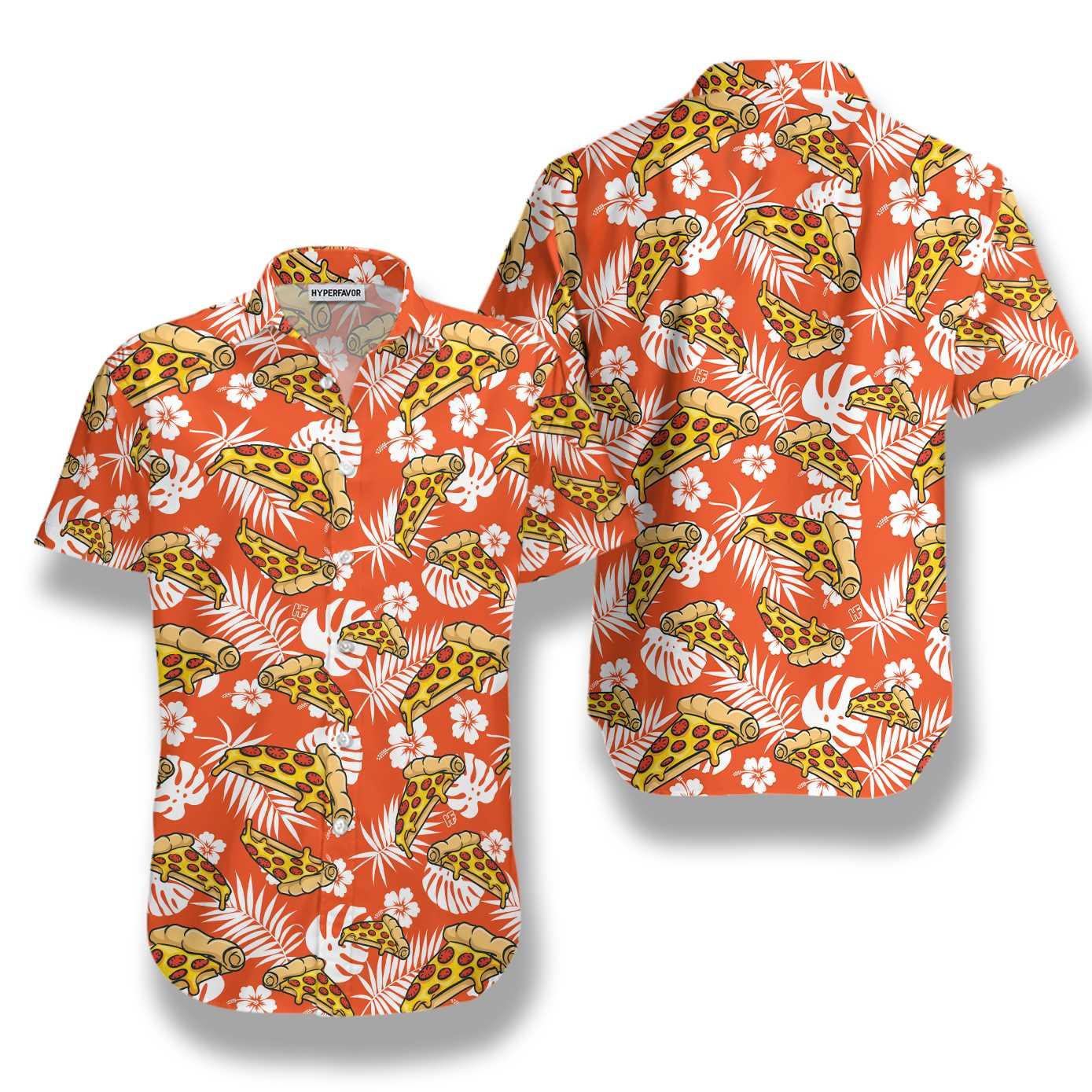 Tropical Pizza Pattern Orange Hawaiian Shirt, Colorful Summer Aloha Shirt For Men Women, Perfect Gift For Friend, Team, Pizza Lovers - Image 2