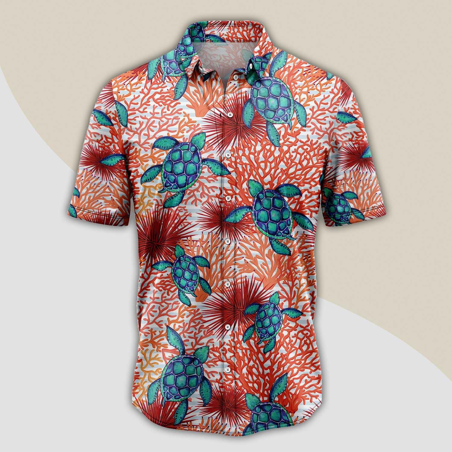 Turtle Coral Hawaiian Shirt, Sea Turtle Coral Aloha Shirt For Men Women - Perfect Gift For Turtle Lovers, Husband, Boyfriend, Friend, Family, Wife