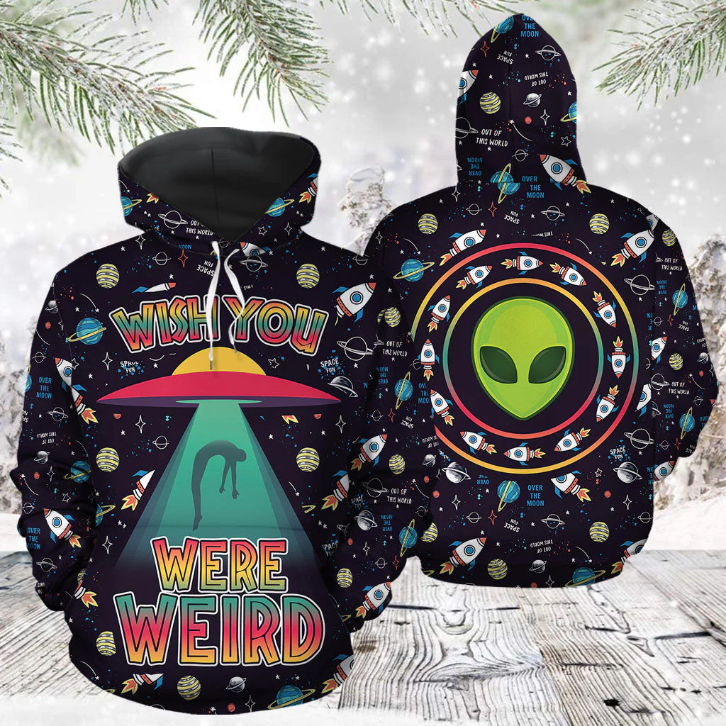 UFO Alien Pattern Pullover Premium Hoodie Wish You Were Weird, Perfect Outfit For Men And Women On Christmas New Year Autumn Winter - Image 2