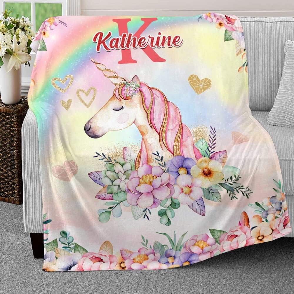 Unicorn Flowers Monogram Baby Kids Blanket With Custom Name For Baby Girl Nursery, Daughter, Granddaughter - Image 3