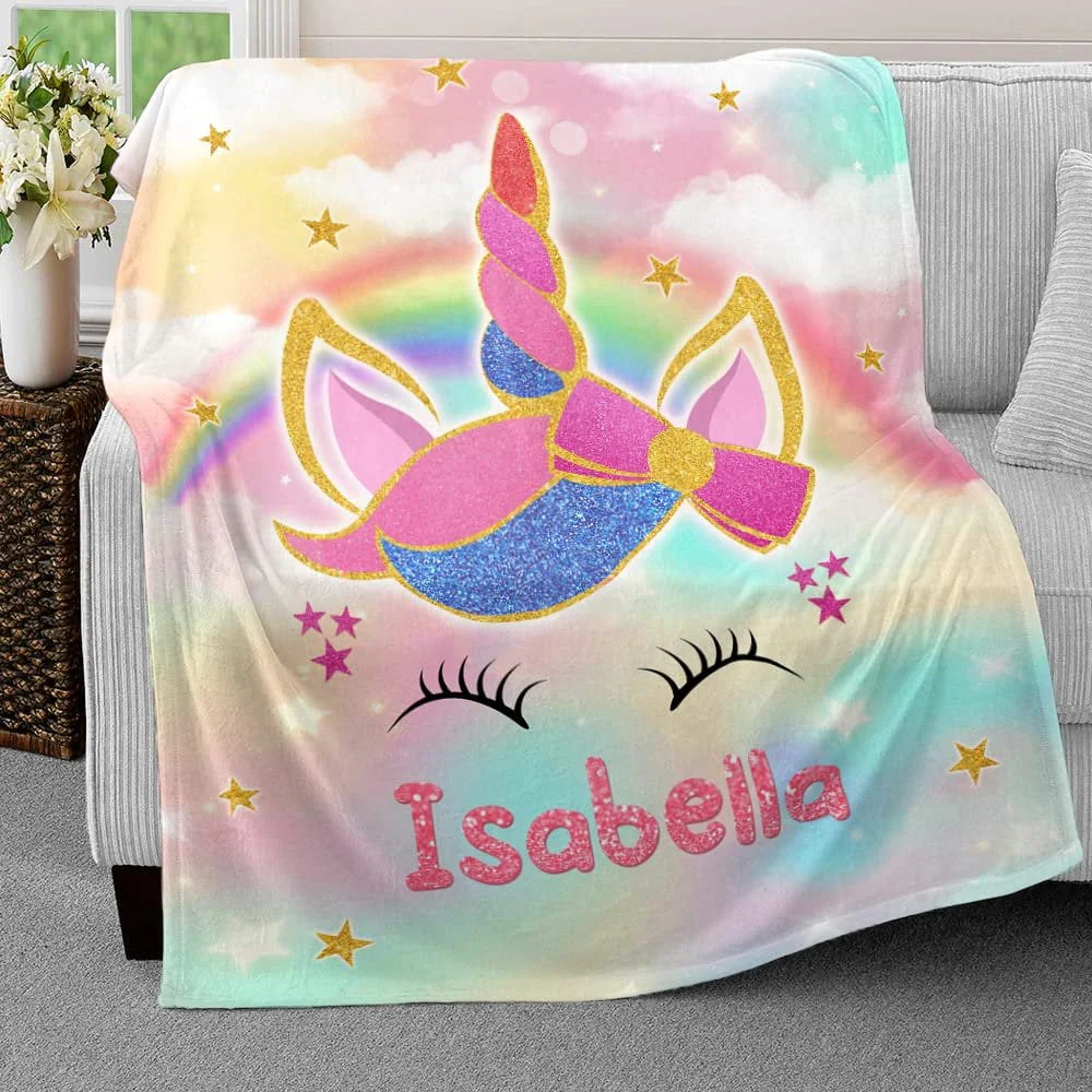 Unicorn Star Rainbow Baby Kids Blanket With Custom Name For Baby Girl Nursery, Daughter, Granddaughter - Image 3