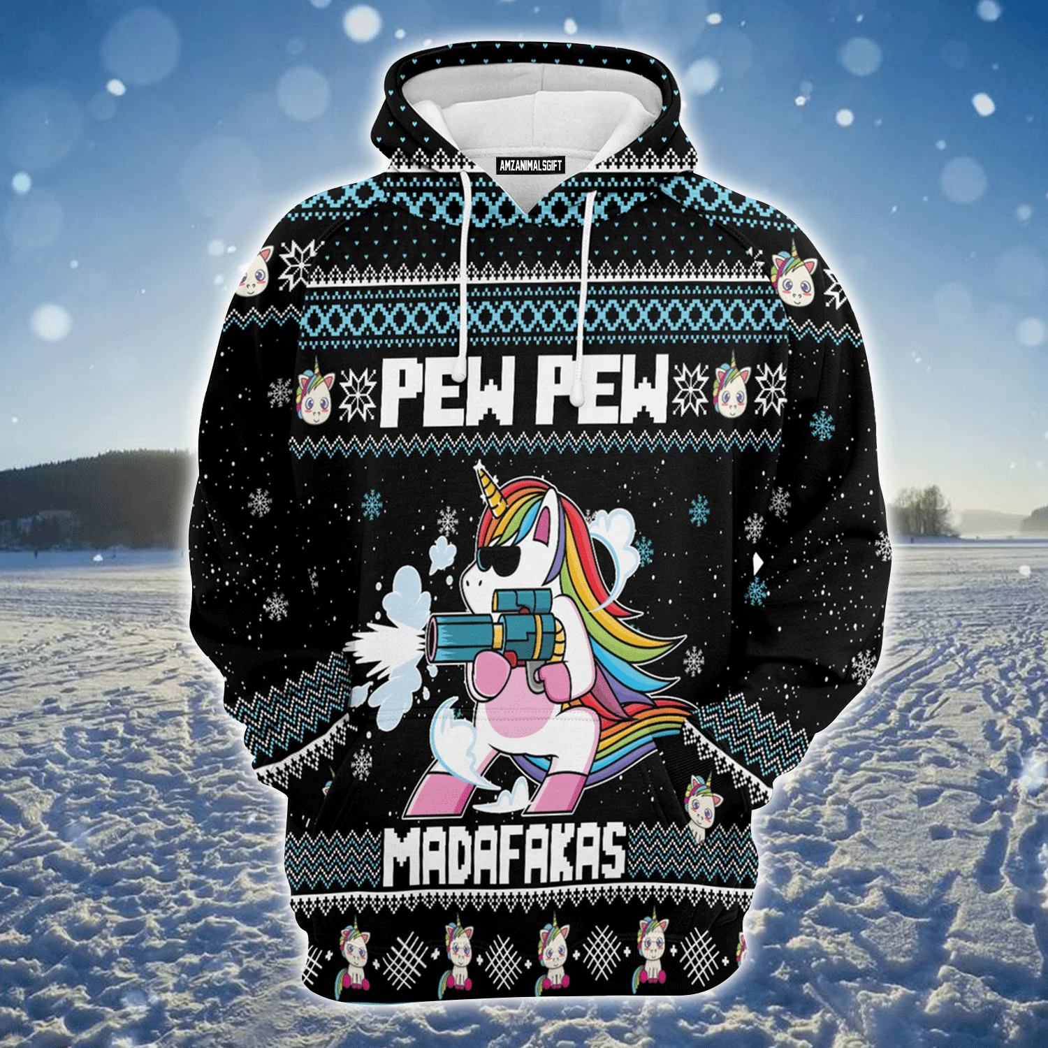 Unicorn Xmas Premium Christmas Hoodie, Unicorn Pew Pew Madafakas Funny Unisex Hoodie For Men & Women - Perfect Gift For Christmas, Unicorn Lovers - Image 2