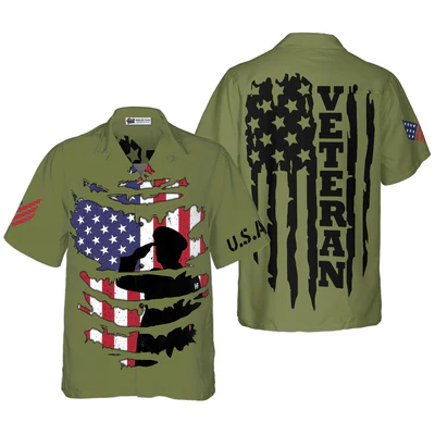 Veteran Hawaiian Shirt, American Flag Proud Veteran's Silhouette  Aloha Shirt For Men - Gift For Veteran, Husband, Boyfriend, Family, Friends - Image 2