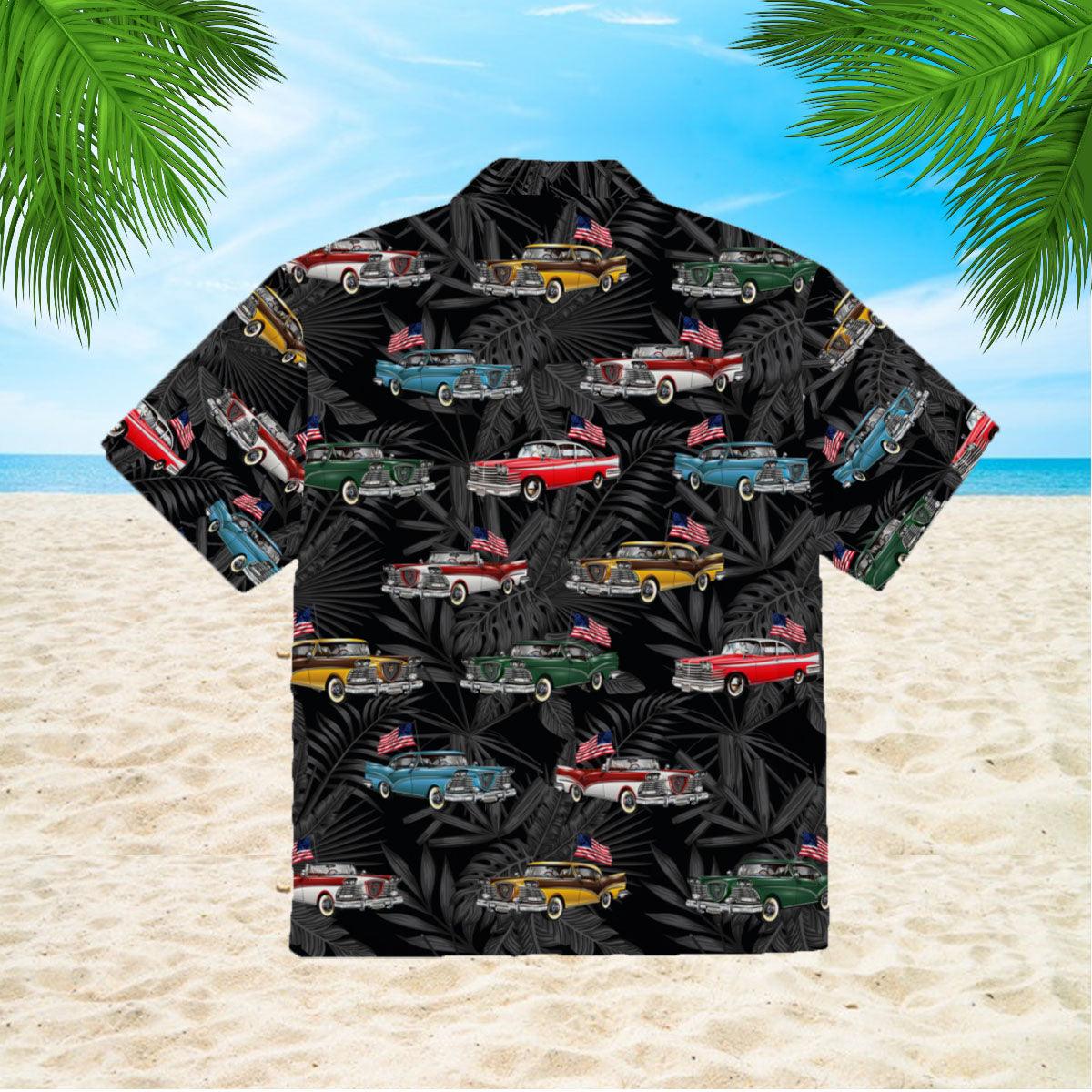 Vintage Car With American Flag Black Aloha Hawaiian Shirts For Men Women, 4th Of July Gift For Summer, Friend, Family, Independence Day, Car Lovers - Image 2