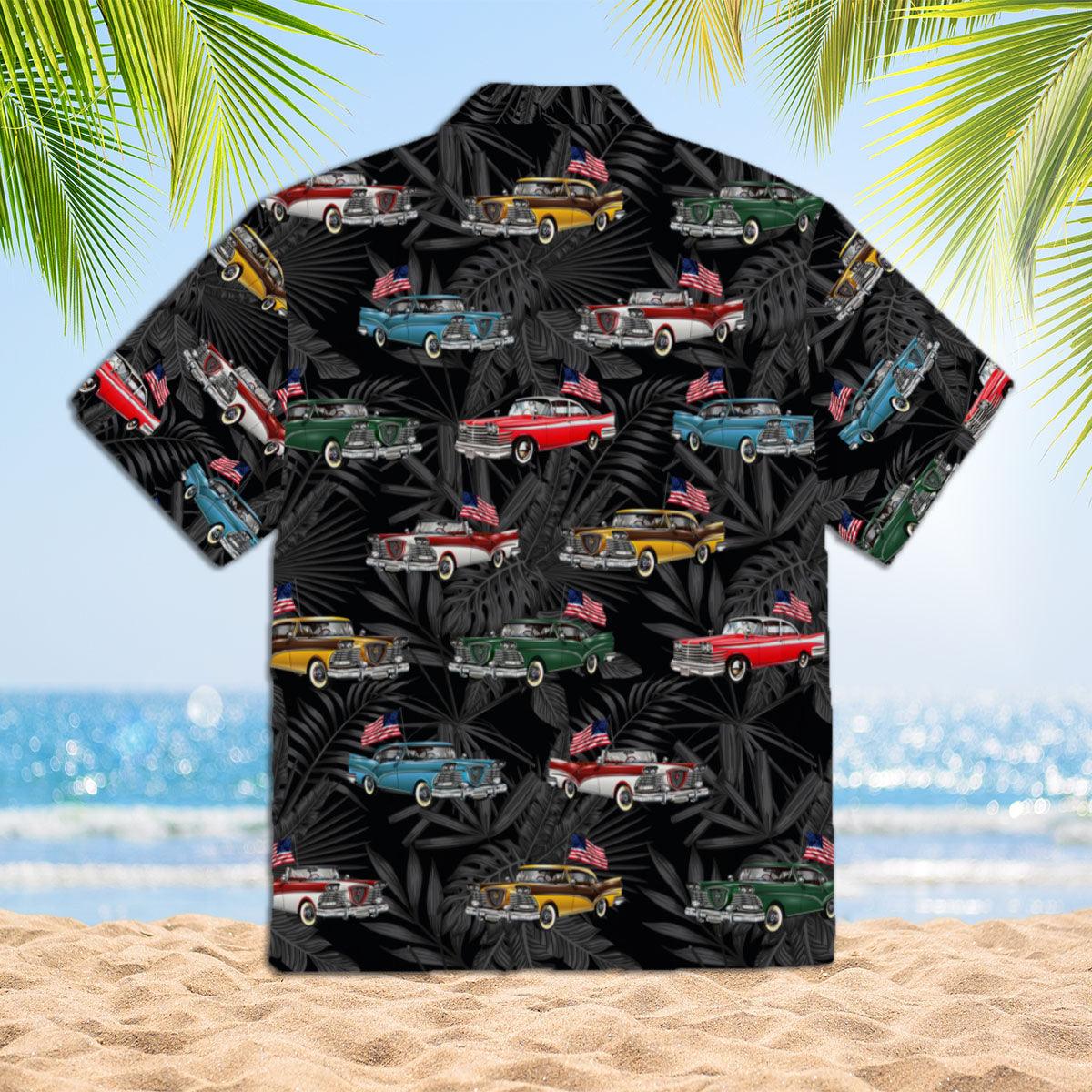 Vintage Car With American Flag Black Aloha Hawaiian Shirts For Men Women, 4th Of July Gift For Summer, Friend, Family, Independence Day, Car Lovers - Image 3