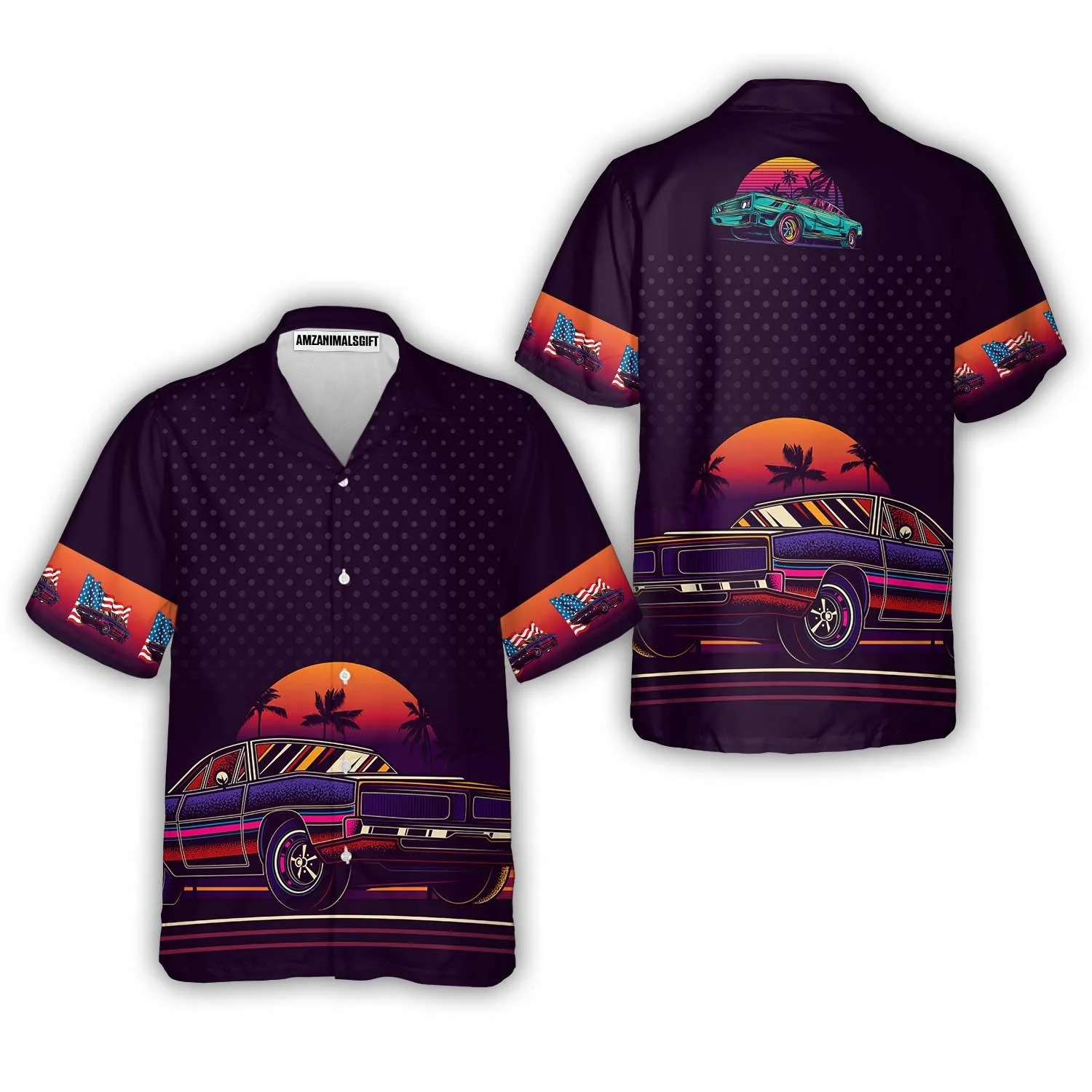 Vintage Neon Muscle Car Hawaiian Shirt, US Flag Hawaiian Shirt For Men - Perfect Gift For Lover, Friend, Family