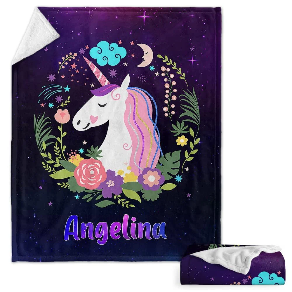 Violet Floral Unicorn Baby Kids Blanket With Custom Name For Baby Girl Nursery, Daughter, Granddaughter