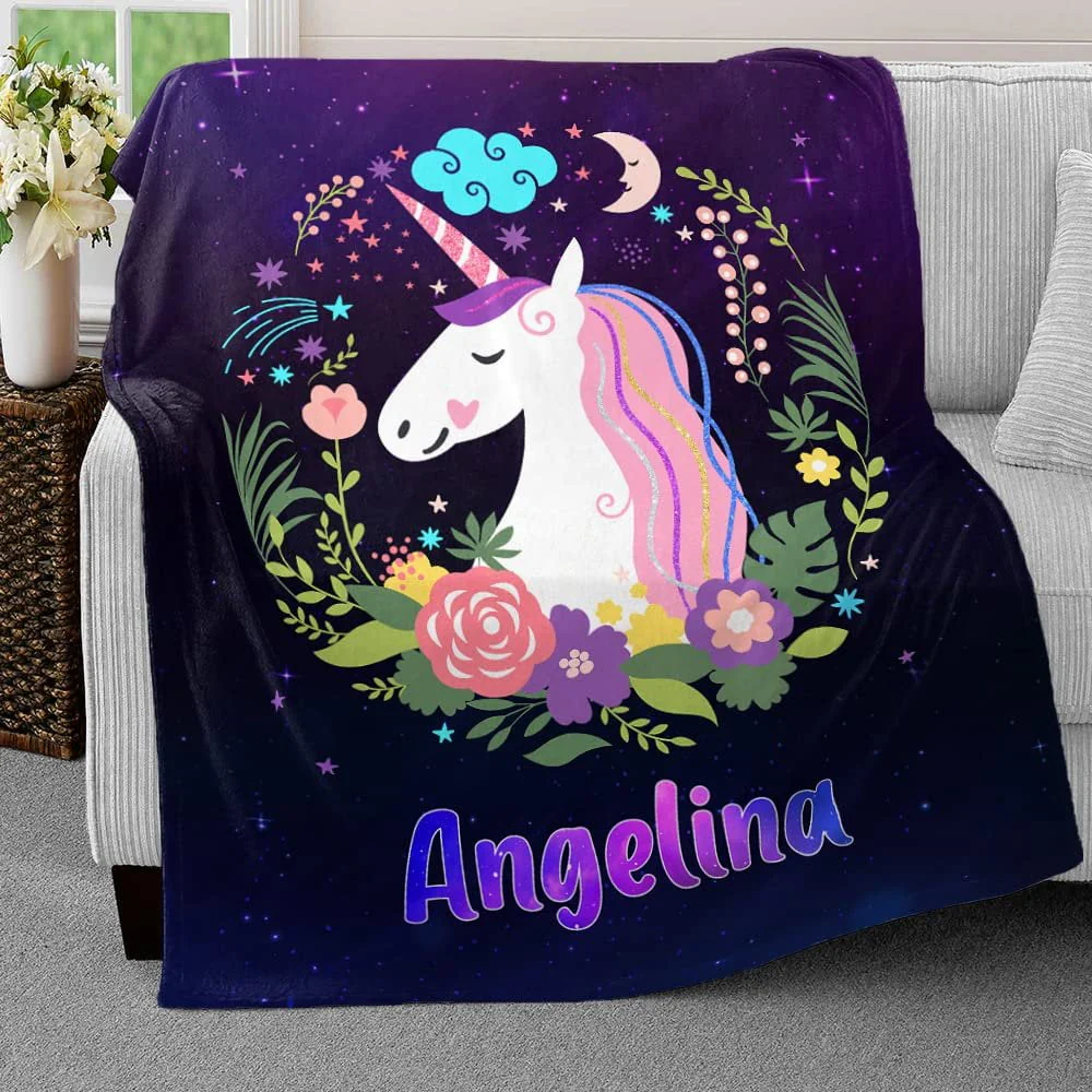 Violet Floral Unicorn Baby Kids Blanket With Custom Name For Baby Girl Nursery, Daughter, Granddaughter - Image 3