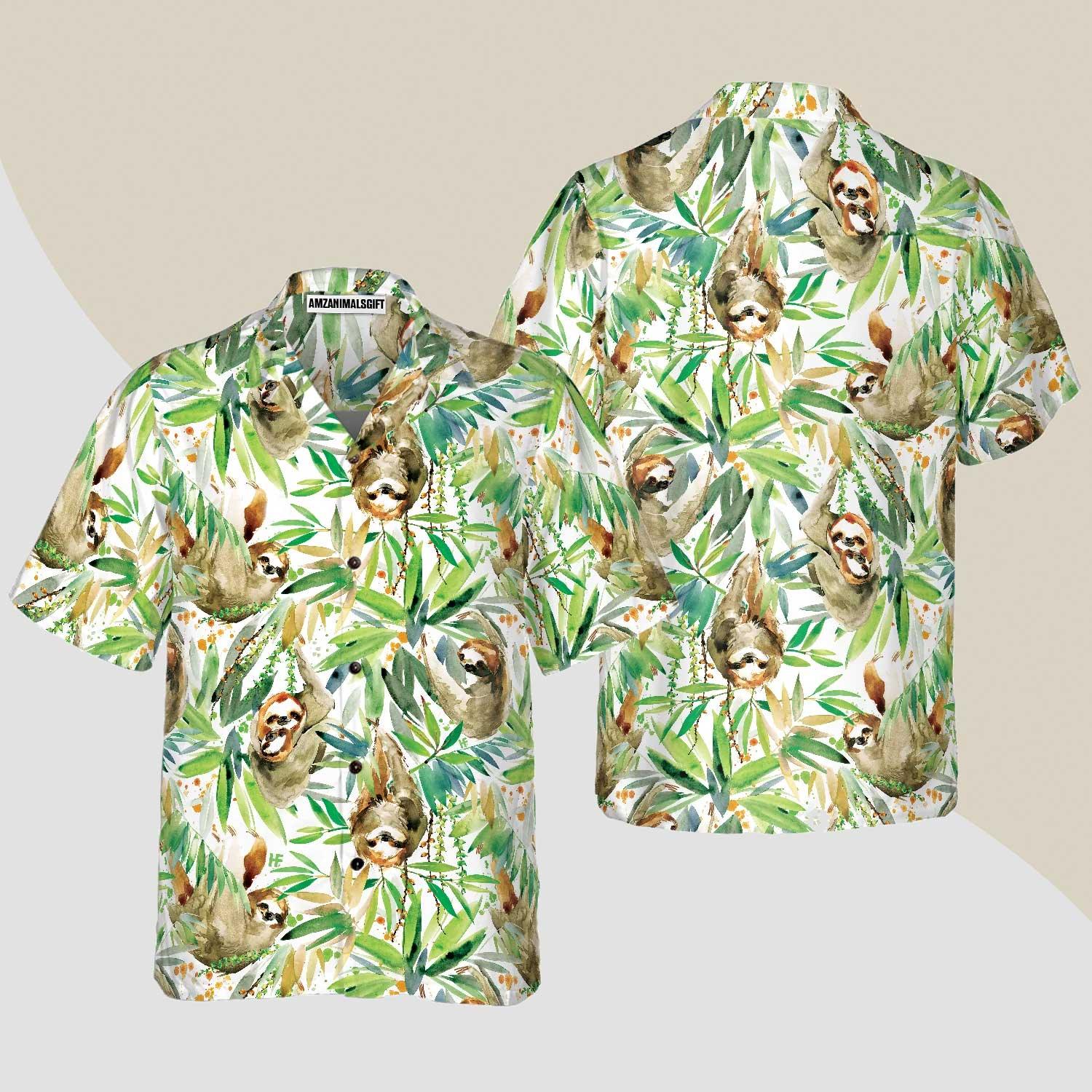 Watercolor Sloth Hawaiian Shirt, Tropical Plant Aloha Shirt For Men - Perfect Gift For Men, Husband, Boyfriend, Friend, Family