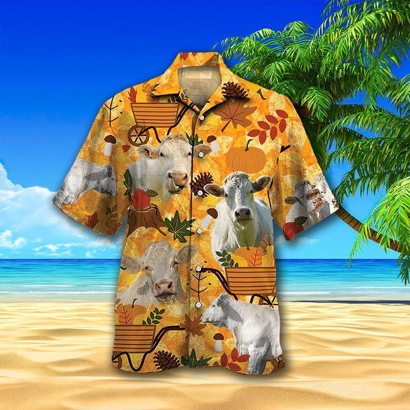 White Cow Aloha Hawaiian Shirts For Summer, Autumn Symbol Pattern Hawaiian Set For Men Women, Thanksgiving Gift For Friend, Farmer, Harvest Day - Image 2