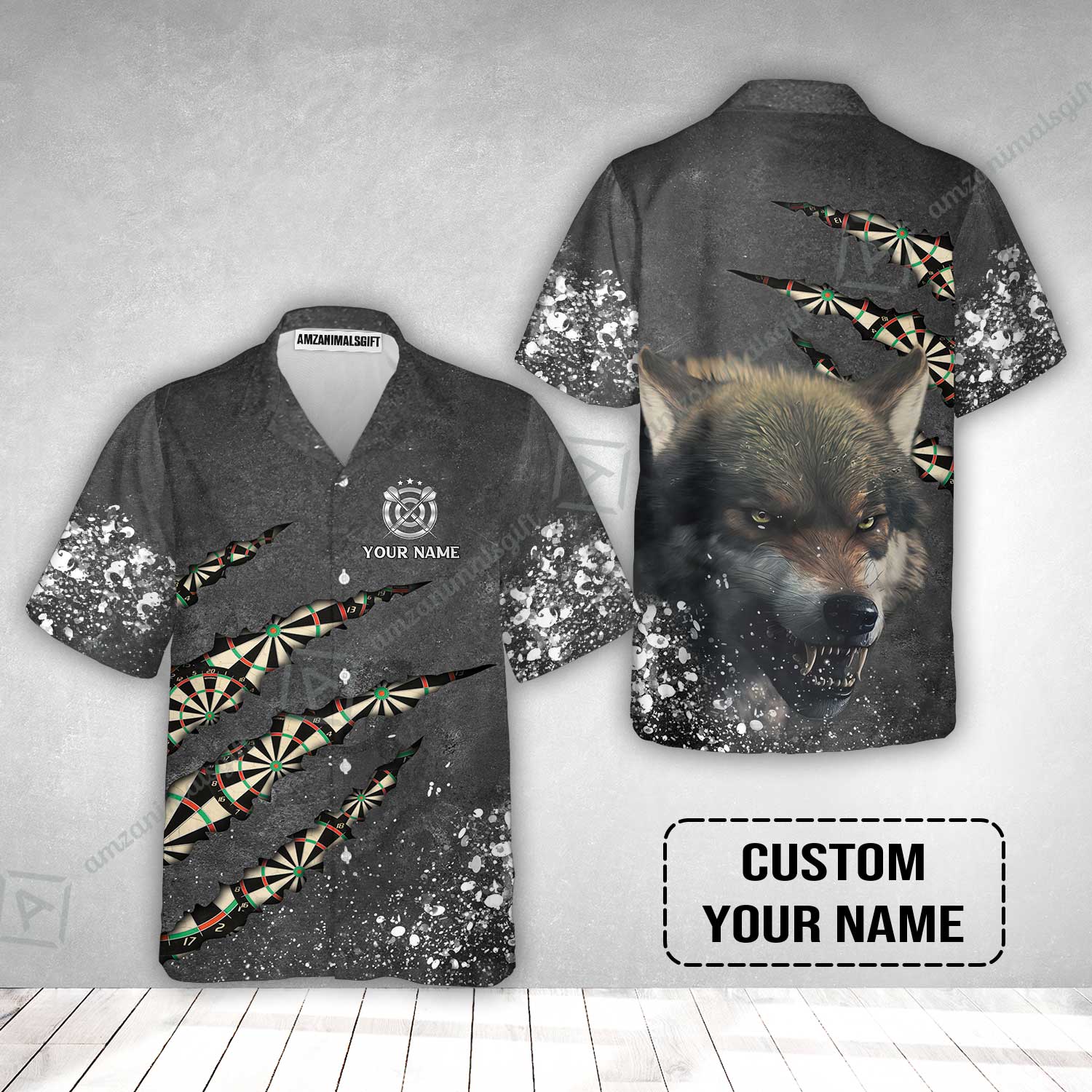 Wolf And Darts Custom Name Hawaiian Shirt, Darts Paint Splash Personalized Hawaiian Shirt - Image 2