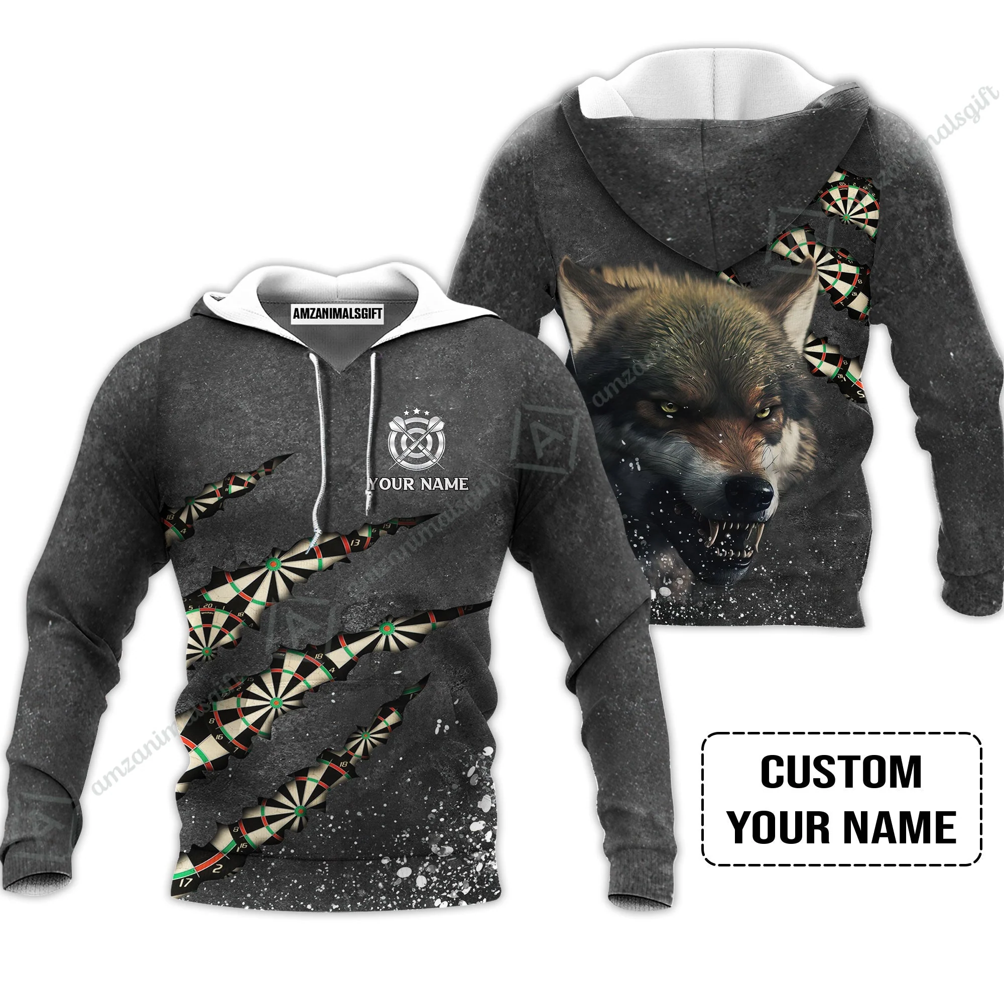 Wolf And Darts Custom Name Zip Polo Shirt, Darts Paint Splash Personalized Zip Polo Shirt - Image 5