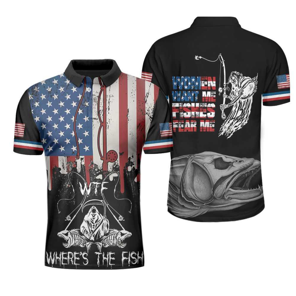 Woman Want Me Fishes Fear Me Black Version Polo Shirt, Fish Skeleton Reaper American Flag Polo Shirt, Best Fishing Shirt For Men - Image 2