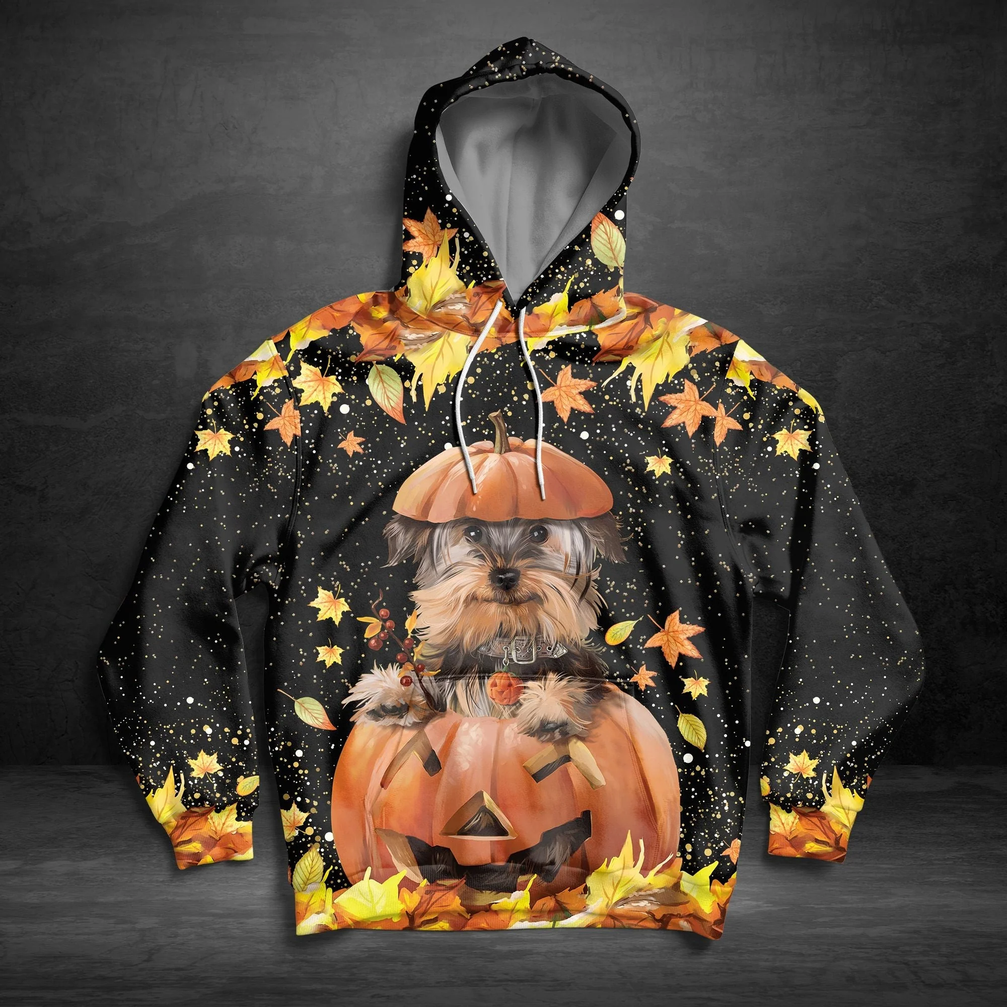 Yorkshire Terrier Fall Leaf Halloween Pattern Pullover Premium Hoodie, Perfect Outfit For Men And Women On Christmas New Year Autumn Winter - Image 3