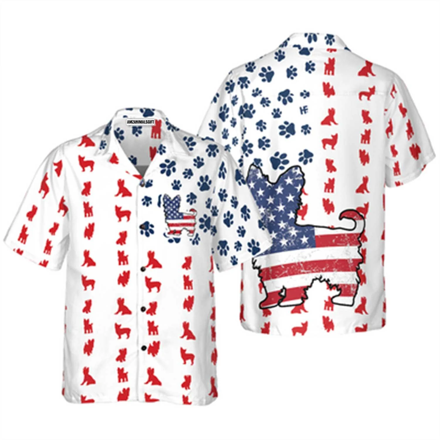 Yorkshire Terrier Hawaiian Shirt, Yorkie American Flag Aloha Shirt For Men - Perfect Gift For Yorkie Lovers, Husband, Boyfriend, Friend, Family