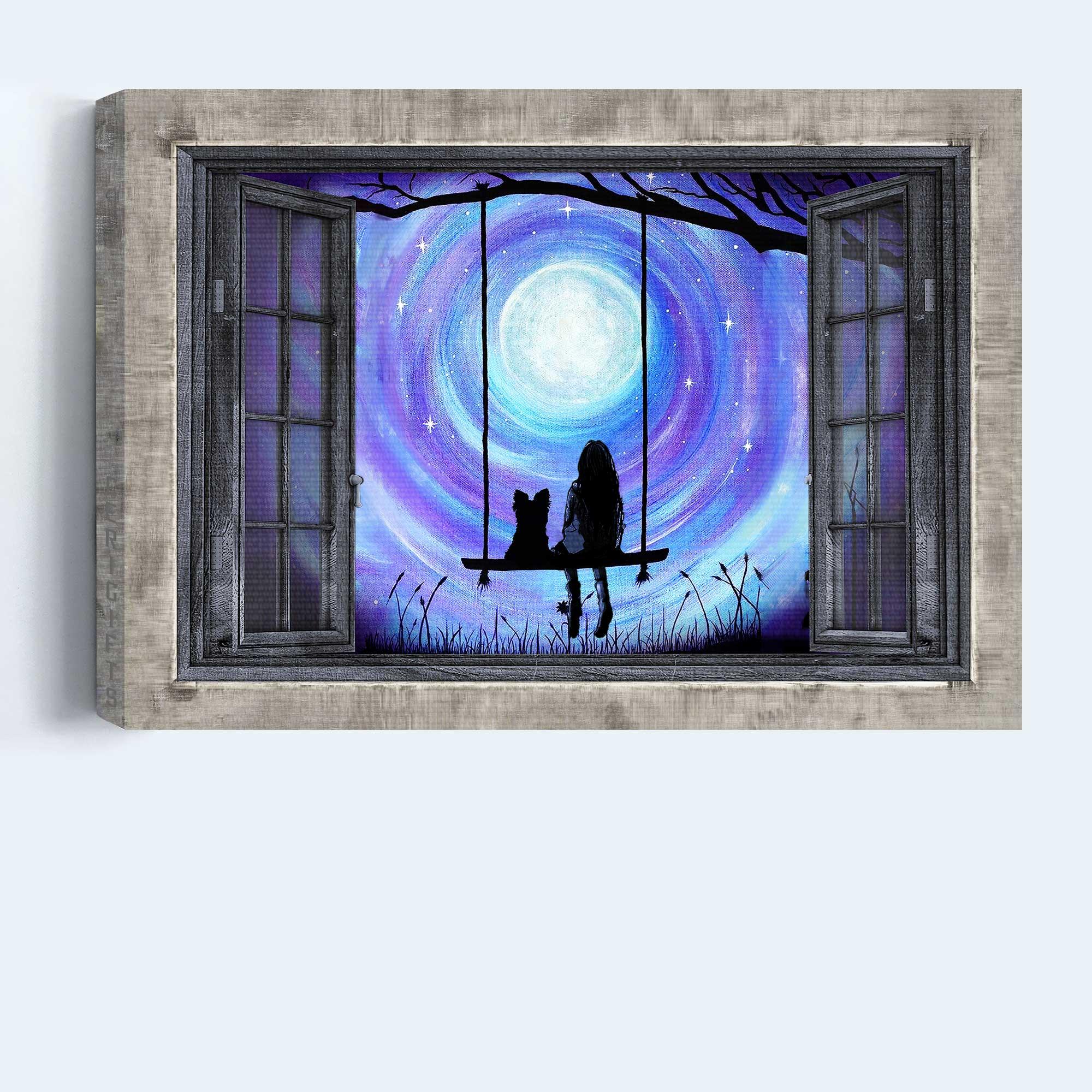 Yorkshire Terrier Premium Wrapped Landscape Canvas - Yorkshire Terrier, Girl, Swing, Mystery Night, Window Frame - Gift For Yorkshire Terrier Lovers