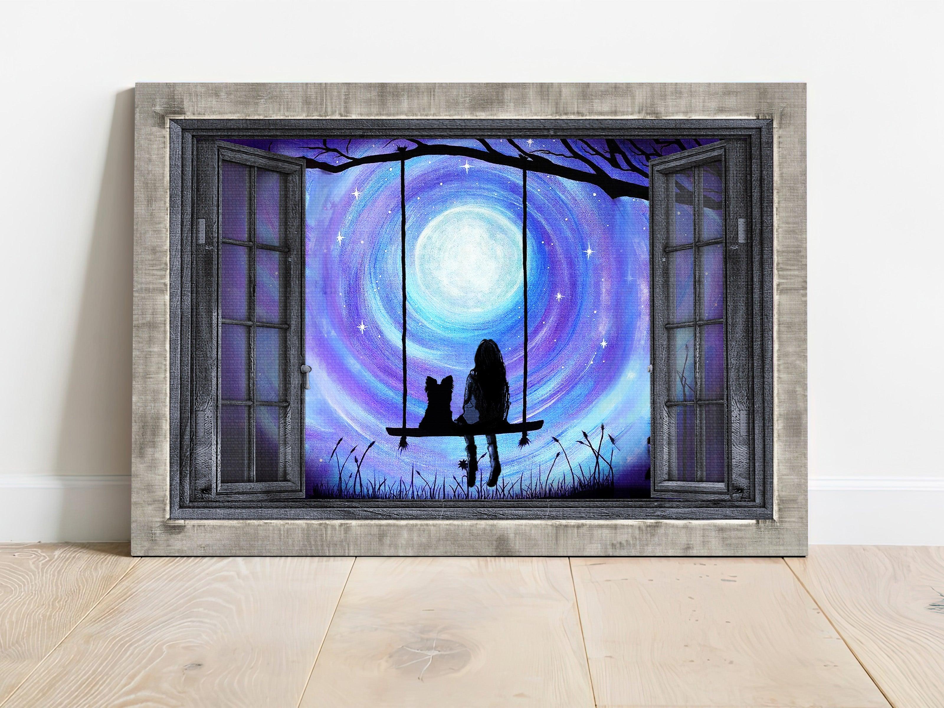 Yorkshire Terrier Premium Wrapped Landscape Canvas - Yorkshire Terrier, Girl, Swing, Mystery Night, Window Frame - Gift For Yorkshire Terrier Lovers - Image 2
